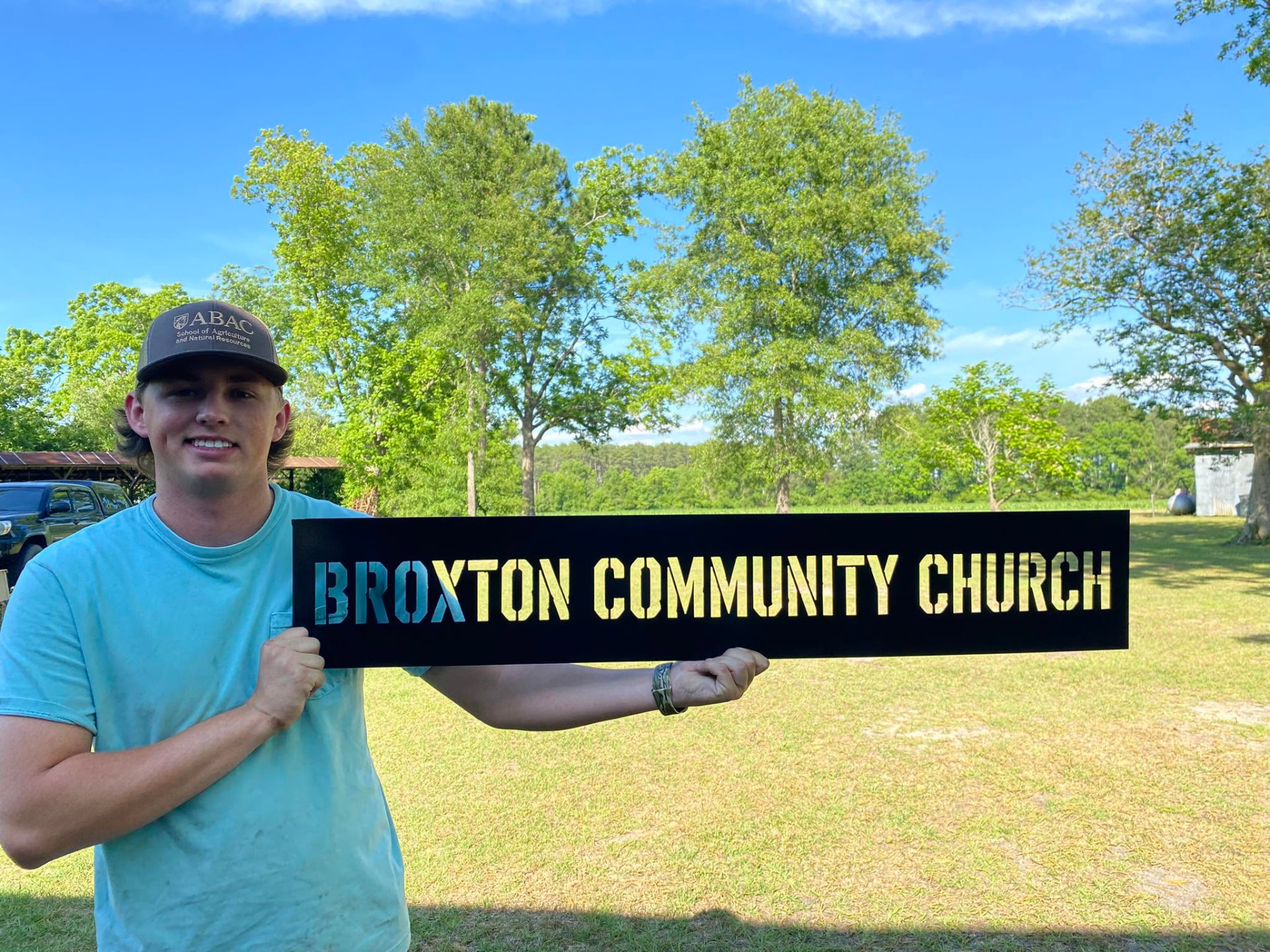 Plasma-cut steel church sign reading Broxton Community Church